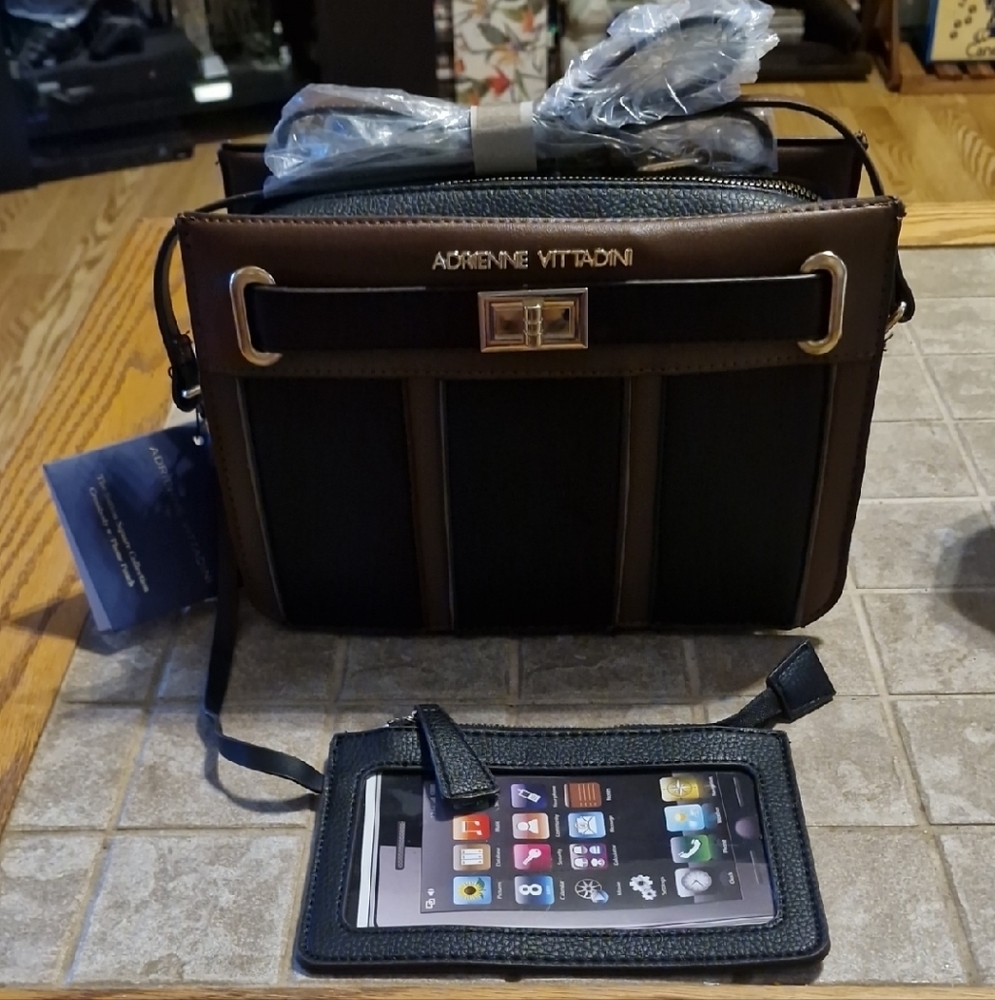 Adrienne Vittadini Black & Brown Crossbody Bag W/ Phone Pouch